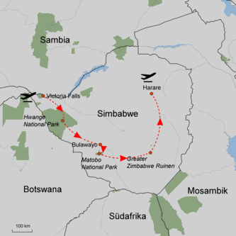 Map of The great Zimbabwe Stone Structures route